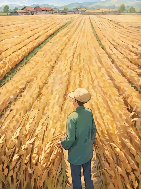 The background picture shows a golden wheat field in the sun, The wind blows，The wheat waves rolled, A series of ripples is emitted. At the end of the wheat field, Some harvesters are busy working, Golden grains poured out. The faces of the farmers were fi...