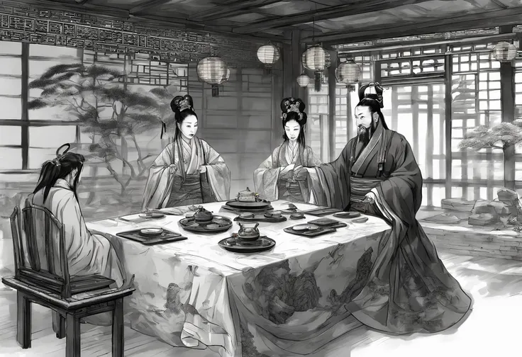 (Chinese Ancient Architecture:1.3)，(Two ancient Chinese emperors:1.4)wearing traditional robes，One represents the Northern Song Dynasty，One represents the Jin Dynasty，Sit face to face at a large wooden table，(pergaminhos:1.2)，(quill:1.2)On a table，(Inkston...