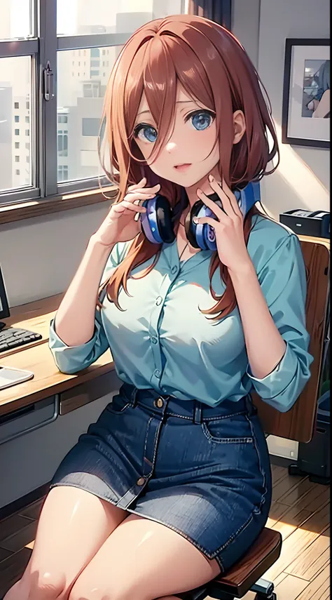 (masterpiece, high quality, high res), Nakano Miku (quintessential quintuplets), brown hair,  headphones, face palm, sitting on office chair desk, shrugged face, blush, detailed face,unbuttoned shirt,slightly visible cleavage,hot atmosphere,classic office ...