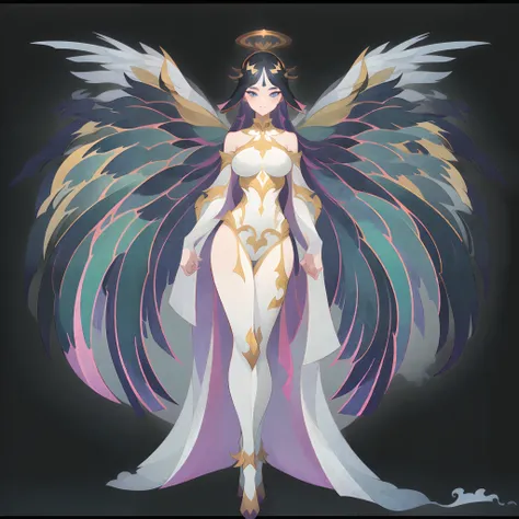 1个Giant Breast Girl，mechanical angel，White wings，angelic halo，standing full-body，独奏，Clear facial features，Simple line design，Transparent black background，Standing drawings of characters，fantasy concept art，(tmasterpiece，top Quority，best qualtiy，超高分辨率，Clear...