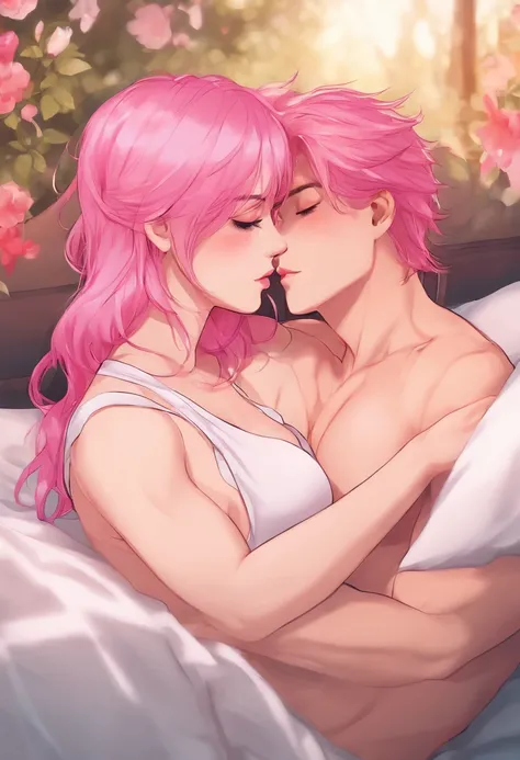 hot kiss, half naked, in bed, pink hair