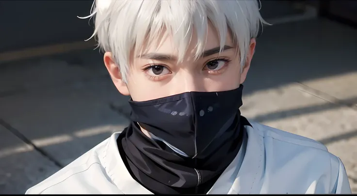 TogeInumaki,1boy,covered mouth, white hair, school uniform, black jacket, high collar, long sleeves, realistic, film grain, upper body, 1boy, detailed face, detailed skin, skin pores, handsome