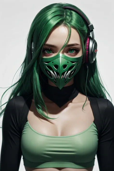 girl with long green hair, green eyes, futuristic vibes, mask on mouth, headphones, 8k, high quality, simple background, glowing eyes, nice pose