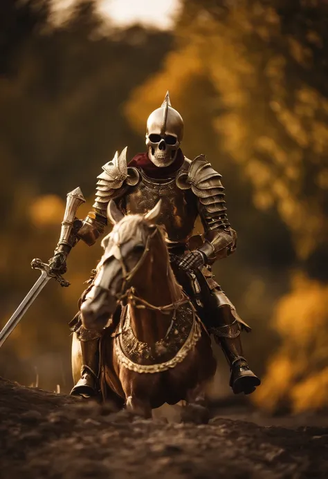 Skeleton Knight，Golden crown，Raise your sword，Skeleton horse，the setting sun，Dusk yellow，epic sense，4K,Optimal image quality