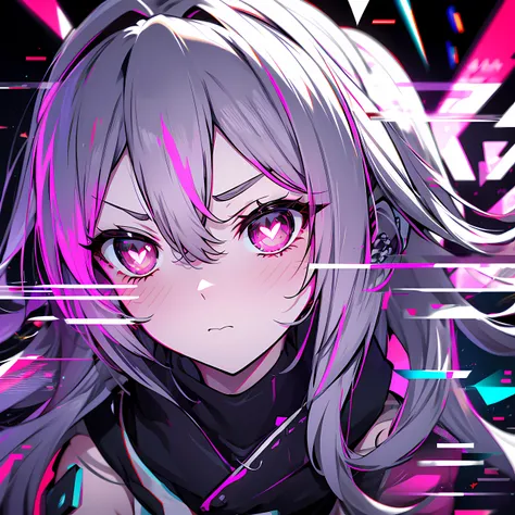 two toned lighting, grey eyes, 4k, high-res, masterpiece, solo, 1girl, (shiny skin), lovesick, glitches, insane, lovesick, solo, obsessive, addicted, manhwa1, (neon coloring), bandages, angry, determined, volumetric lighting, glitchcore, rainbow sparks, vi...