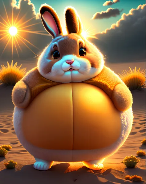 Obese anthropomorphic rabbit with sun glowing belly