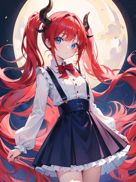 {{best quality}}, {{masterpiece}}, {{ultra-detailed}}, {illustration}, {detailed light}, red hair,blue eyes,twintails,lolita,Suspenders skirt,Fantastic,loli,solo,Dragon horns,little girl,long hair