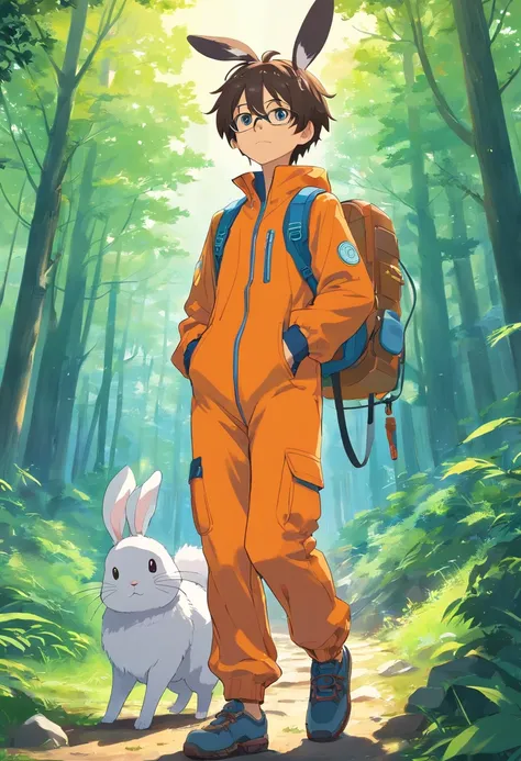 Two-dimensional boy Shota，One-piece hiking suit，headset on head，adolable，standing on your feet，Protective goggles，Rabbit ears and rabbit tail