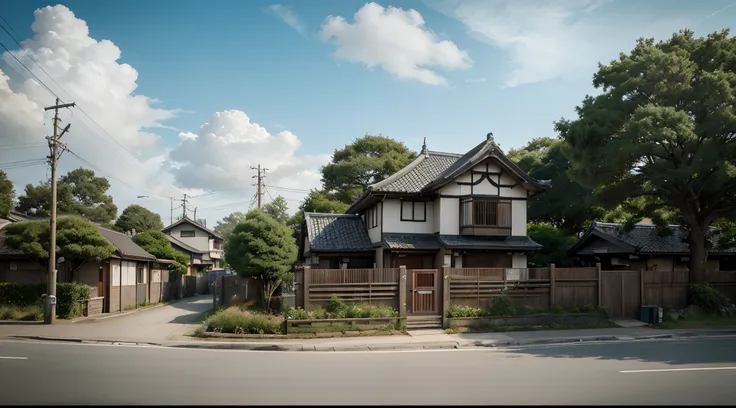 (Japanese town Landscape), (Hayao Miyazaki Style), cartoon, japanese townhouse, (rarely house), road, bend, small house, tree, pole, white cloud, calm landscape, outdoor, green trees, epic composition, realistic lighting, high-definition detail, masterpiec...