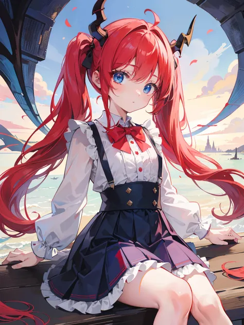 {{best quality}}, {{masterpiece}}, {{ultra-detailed}}, {illustration}, {detailed light}, red hair,blue eyes,twintails,lolita,Suspenders skirt,Fantastic,loli,solo,Dragon horns,little girl,long hair