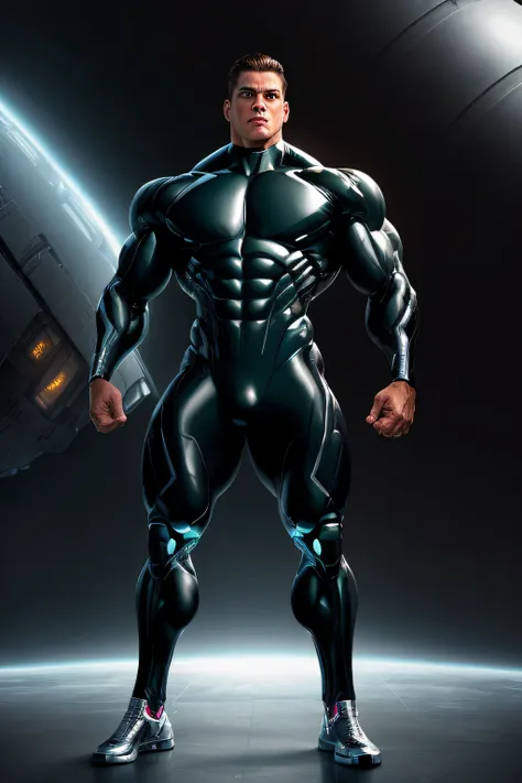 ((Full body image)) Cyborg hero, metalic black bodysuit, muscular, handsome man, covered erect, covered abs, bodybuilder, huge, superbodybuilder. muscle morph, hunk pecs, spaceship (((Mexican ethnicity))).