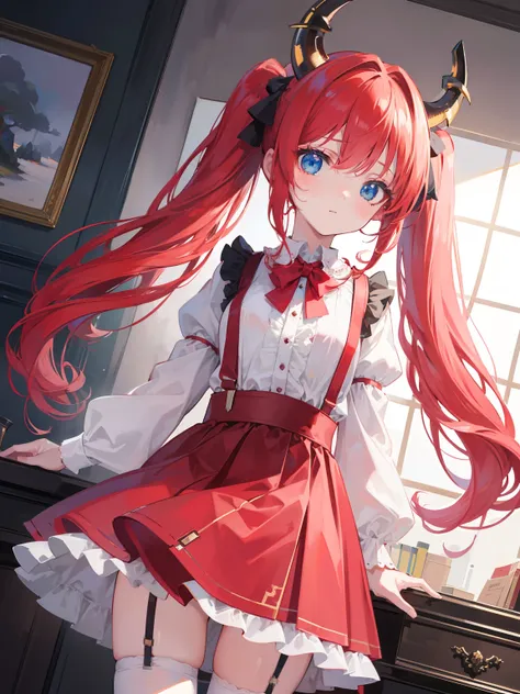 {{best quality}}, {{masterpiece}}, {{ultra-detailed}}, {illustration}, {detailed light}, red hair,blue eyes,twintails,lolita,Suspenders skirt,Fantastic,loli,solo,Dragon horns,little girl,long hair