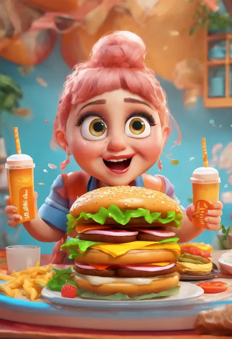 3D rendering of (Appetizing hamburger), Juicy,(Huge hamburgers on the plate), On the left side of the picture, There is a chubby little cute girl who wants to lose weight, Pointing to the hamburger and crying, Bright and cute big eyes, Flashing tears, Tear...