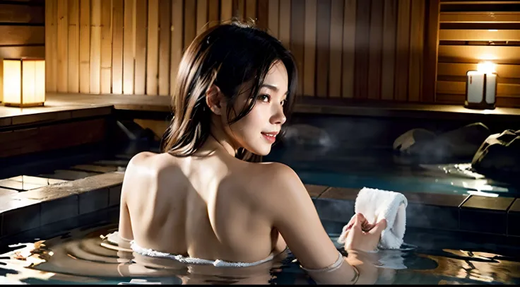 (((facing back:1.8, Buttocks close up:1.5))), ((Bare towel tube top:1.5)), ((Lie down:1.8)), (hot onsen:1.8, outdoor bath:1.8), (ssmile:1.8), 1girl in, 独奏, 18year old, 7headed body, Ideal ratio body proportions, erectile nipple, short-hair, A dark-haired, ...