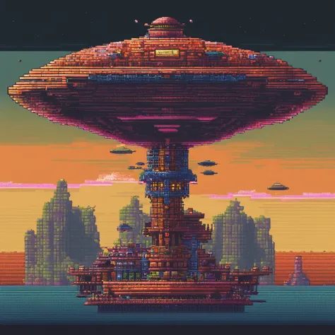 The last boss of vertical scrolling shooter、retro gaming、Symmetrical shape、spaceships、Floating in the air、Disk-shaped UFO、You can see it spinning