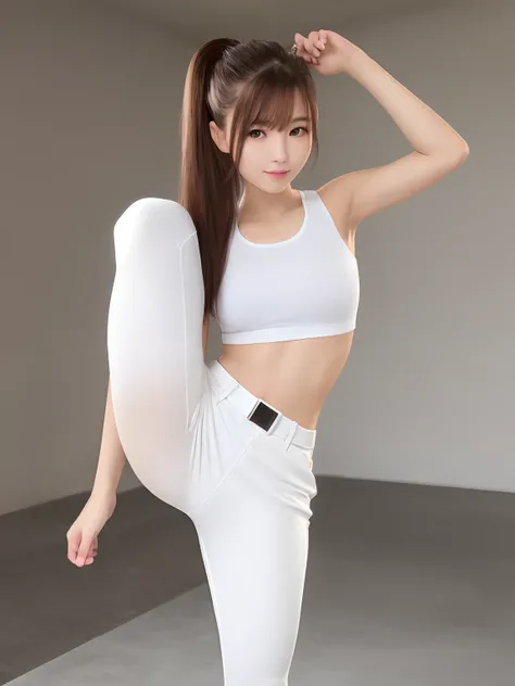 (Photorealsitic)(sixteen years old), Perfectly beautiful woman, (Full body 8K portrait), Stand alone, Large and dynamic hand and foot movements, Make a high side kick, White Karate Uniform, White karate pants, Large bust,Correct skeleton, Perfect facial de...