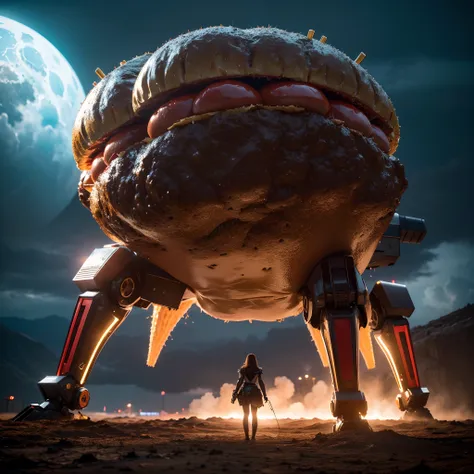 Stable Diffusion prompt: giant hamburger monster, gigantic monster, hamburger-shaped, with mechanical components, mechanical legs, mechanical weapons, (best quality, 4k, highres, masterpiece:1.2), ultra-detailed, (realistic:1.37), robot-like, towering, men...