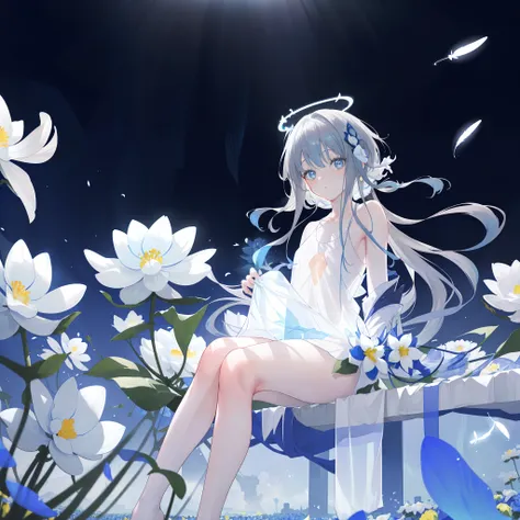 (((A far and clear view: 1.4))) of an anime teen girl, (sitting on (((flowers: 1.9))) an (a flower forest: 1.7)), (((half naked))), (barefoot), cinematic light, slim body with curves, skin is perfectly white, soft, and smooth, ((no nsfw)), Extremely delica...