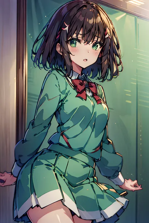 Dress, Shoko Sashinami, Valvrave the Liberator, Hair ornaments, short brown hair, medium hair, green eyes, scool uniform, skirt