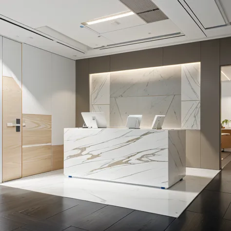 design a reception desk that makes a powerful statement of professionalism and style while maintaining a calming atmosphere for ...