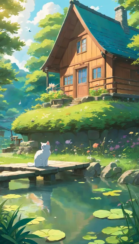 And by the pond, theres a cabin where a kitten catches a butterfly