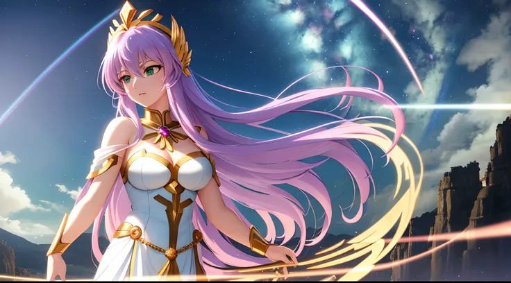 Saint seiya Athena with plain long light purple hair,hair between eyes,green eyes,rosy cheeks,full lips,thin eyebrows,slender body,wearing golden robe and full long skirt,praying beads on neck,cute anime girl,full body,rocky cliff night stars in background...