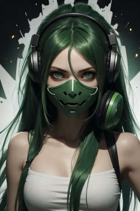 girl with long green hair, green eyes, futuristic vibes, mask on mouth, headphones, 8k, high quality, simple background, glowing...