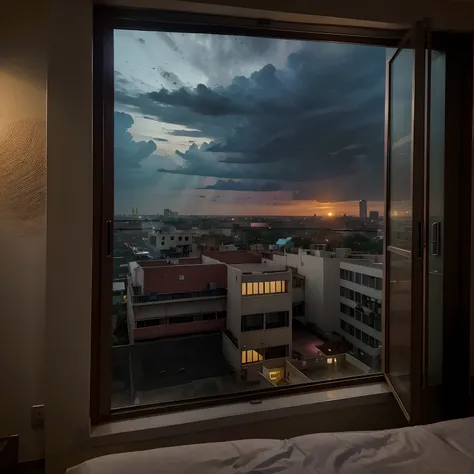 Hotel room, window to the city at sunset, rainy weather, ultra-realistic 4K definition, enhanced lights , lahore Pakistan