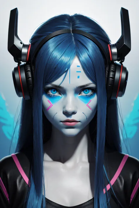 girl with long blue hair, blue eyes, futuristic vibes, mask on mouth, headphones, 8k, high quality, simple background, glowing e...