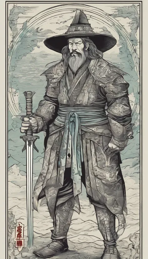 middle aged man, high resolucion;, black color hair, , Chinese Warrior, Delicate three-dimensional blue flame demon face, beard, Wearing a hat,  perfect body proportions, caftan, Black and white gown, A sheath hangs from his waist, Handsome, full body view...