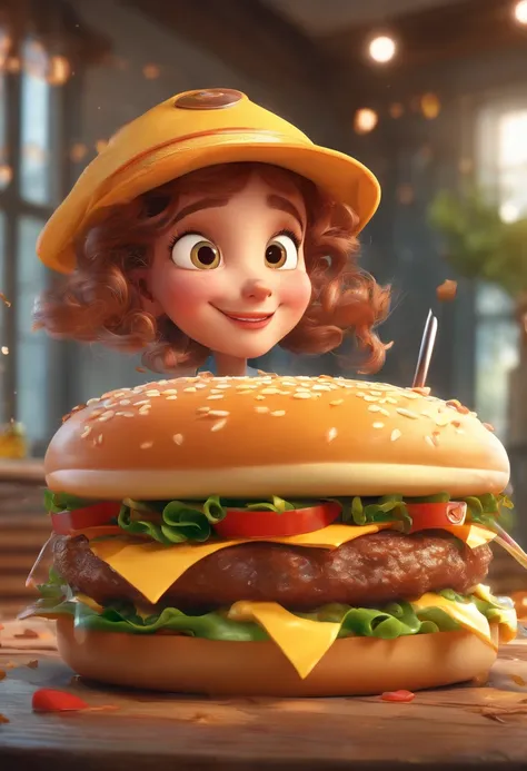 3D rendering of (Appetizer hamburger), Juicy,(Huge hamburgers on the plate), On the left side of the picture, There was a chubby crying girl, Pointing to the hamburger and crying, Bright and cute big eyes, Flashing tears, Tears on eyelashes, There was sali...