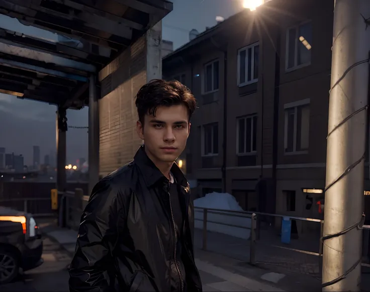 Handsome boy , realistic , night shiny lights in city background, black jacket, 8k , Dark asthetic , sun ready to rise