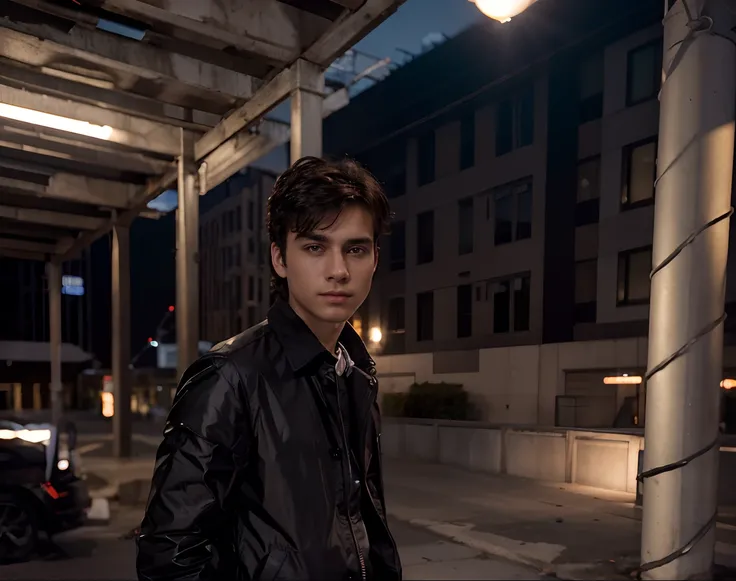 Handsome boy , realistic , night shiny lights in city background, black jacket, 8k , Dark asthetic , sun ready to rise