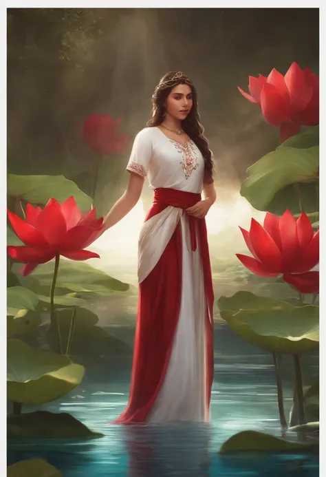 Samia, girl, Solo, Shirt, looking at you, Face, Perfect, Flowers, High quality,  Radiant, knight, godly, Red Shirt, red velvet, Water, ocean,  lotuses