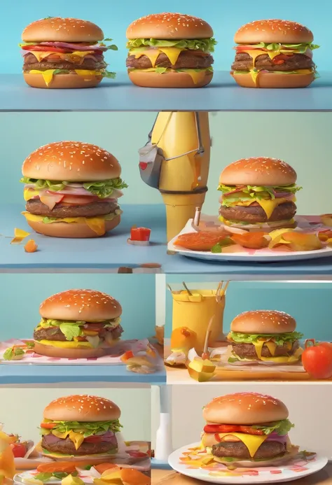 3D rendering of (Appetizer 5 layers of huge hamburger), Juicy,(Huge hamburgers on the plate), On the left side of the picture, （There is a chubby crying girl）, Pointing to the hamburger and crying, Flashing tears, Tears on eyelashes big eyes, There was sal...