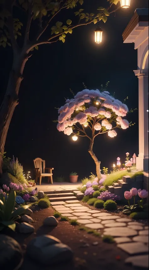 A miniature scene of a magical garden, with delicate flowers and softly lit branches, illuminated by a happy and smiling miniature. 8k auto realist