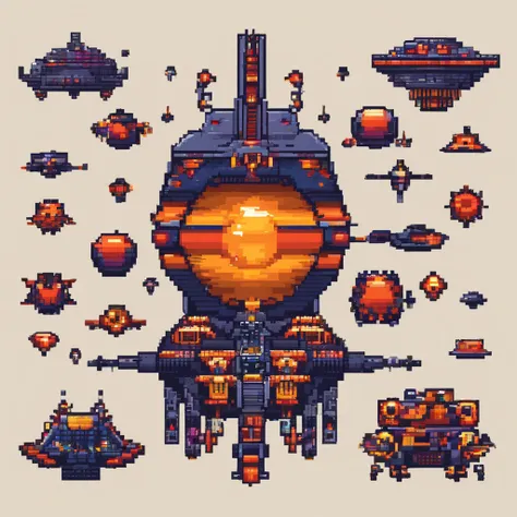 The last boss of vertical scrolling shooter、retro gaming、Symmetrical shape、spaceships、Floating in the air、spherical、机器人