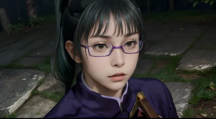 zenin_maki, ponytail, glasses, bangs, green hair, brown eyes, jujutsu_uniform, purple jacket, 1 girl, solo, detailed face, detai...