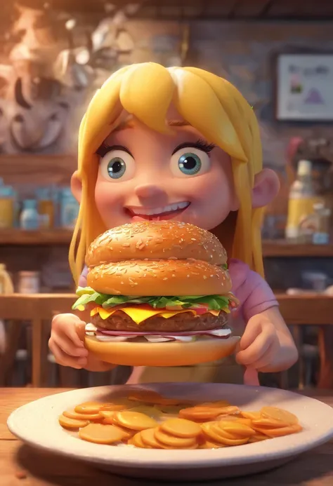 3D rendering of (Big hamburger with many layers), Juicy,(Huge hamburgers on the plate), On the left side of the picture, （A chubby crying girl looks at the hamburger crying）,  Flashing tears, Tears on eyelashes big eyes, There was saliva in her open mouth,...