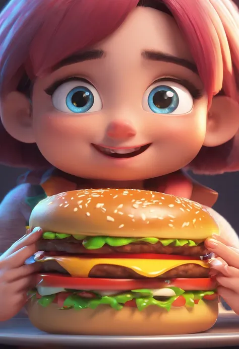 3D rendering of (Big hamburger with many layers), Juicy,(Huge hamburgers on the plate), On the left side of the picture, （A chubby crying girl looks at the hamburger crying）,  Flashing tears, Tears on eyelashes big eyes, There was saliva in her open mouth,...