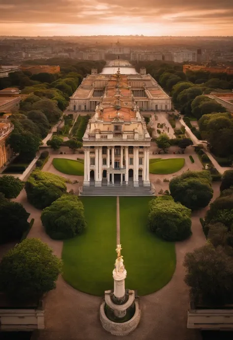 Imagine a palace located in Montevideo, the palace belongs to the royal family of a fictional South American Empire that endures to the present day. aerial image.