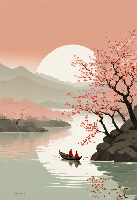 the cover of middhi journey, in the style of alessandro gottardo, cherry blossoms, light red and red, fenghua zhong, calm waters, theodore rousseau, poster art