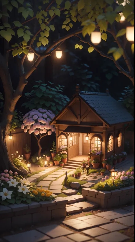 A miniature scene of a magical garden, with delicate flowers and softly lit branches, illuminated by a happy and smiling miniature. 8k auto realist