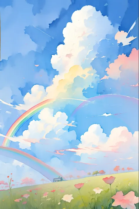 blue-sky、rainbows、Pale colors、watercolor paiting、Studio Ghibli、oblong