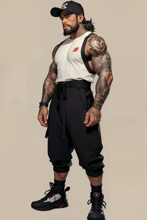 character sheet, filipino male, brown curly hair, standing, beard, slim build, baseball cap, socks, neon socks, butcher clothing, carpenter, mullet, full body tattoos, boots, blackout tattoos, earrings, kendo pants