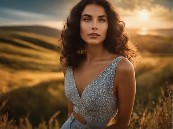 gere uma imagem de uma jovem mulher de pele branca, aparentemente com cerca de 20 anos de idade. She has black hair with short open curls and is slim. Shes standing on top of a hill, with a sunny background backdrop. The young woman is looking up at the sk...