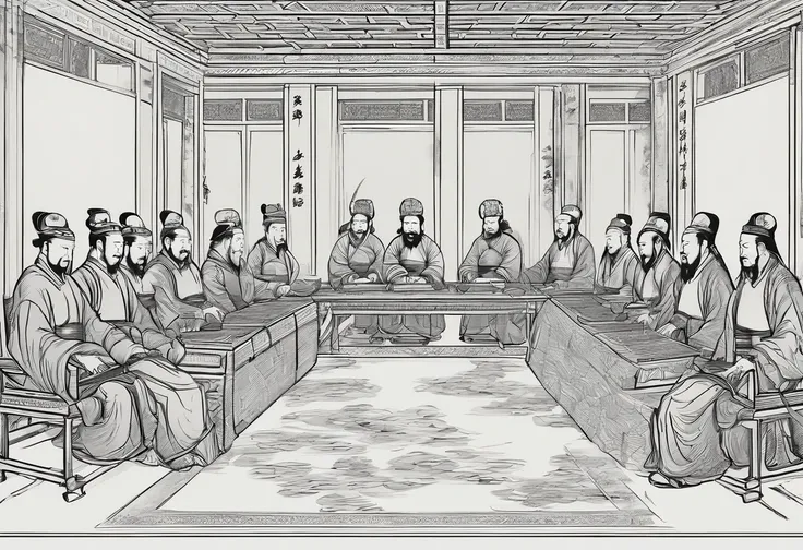 Northern song dynasty，Jinguo，negotiation，The envoys of the Song and Kim countries sat in the center of the hall，On the table are various documents and maps，The flags of the two countries are hung on both sides of the hall，An atmosphere of tension and antic...