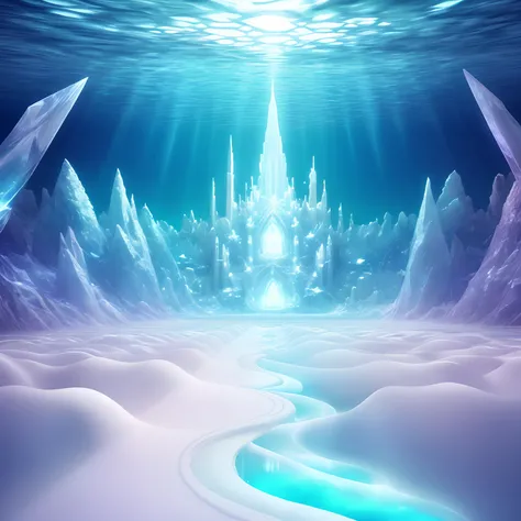 White ocean, floor of crystal, colorful, none realistic, sparkling, underwater, vast, fantasy city, no people