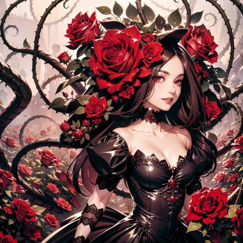 Queen of Roses. Fanged roses surround a beautiful woman. She wears a gothic dress. She has red eyes. Vine monsters are intertwined like snakes. fearless smile. Full body image. rose garden.