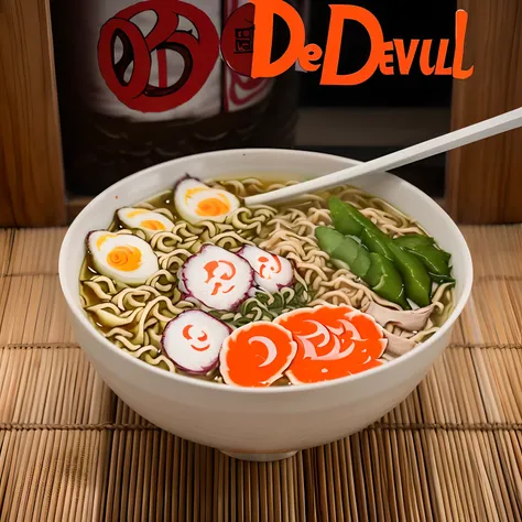 (Bowl and "Devil Ramen" Written on the outside:1.5), (Super spicy devil ramen in a bowl:1.3), (Devil Boy Eating Devil Ramen:1.3)